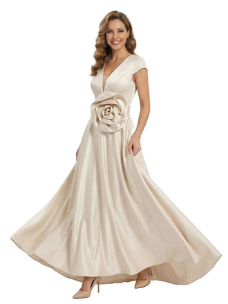 V-Neck Satin Mother Of The Groom Dress Cap Sleeves A-Line Maxi Gown With Handmade Flower