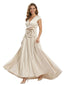 V-Neck Satin Mother Of The Groom Dress Cap Sleeves A-Line Maxi Gown With Handmade Flower