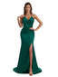 Sexy Halter V-Neck Mermaid Ruched Satin Long Bridesmaid Dresses Side Split
