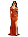 Elegant V-Neck Long Sleeves Lace Satin Side Slit Mermaid Long Mother Of The Bride Dresses