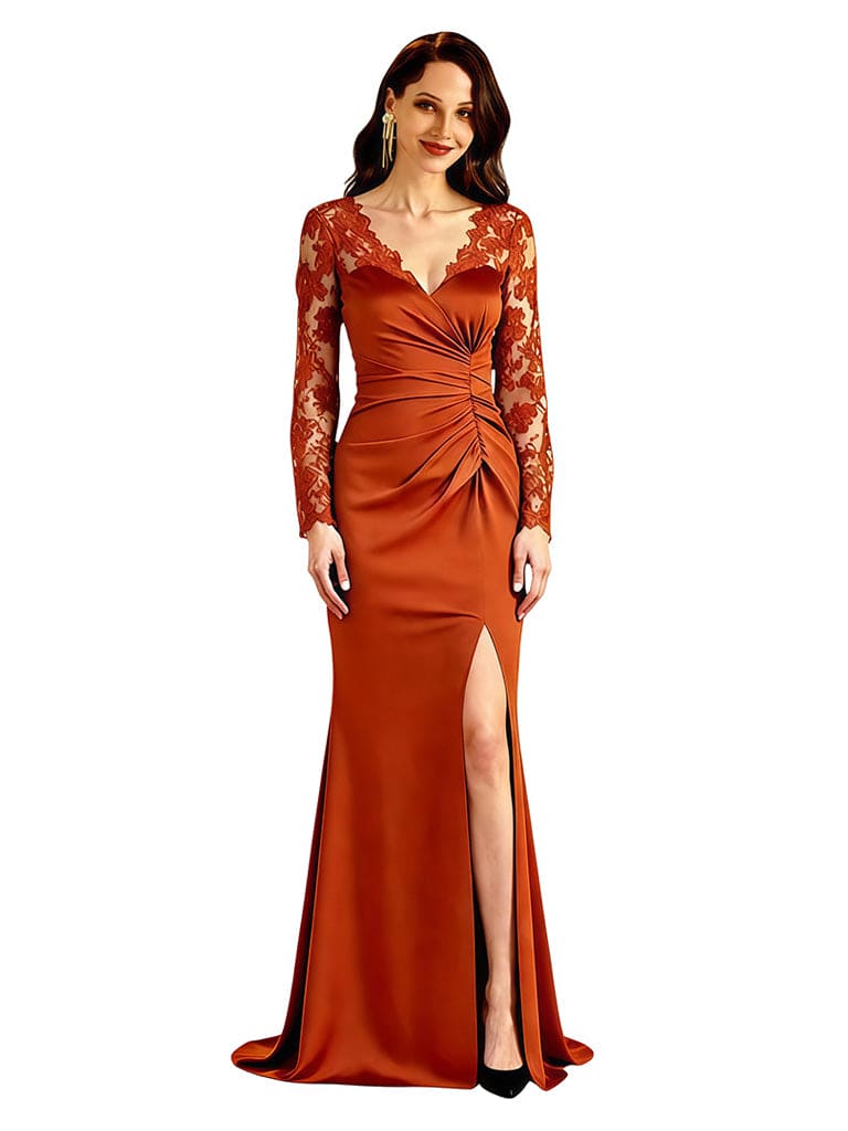 Elegant V-Neck Long Sleeves Lace Satin Side Slit Mermaid Long Mother Of The Bride Dresses