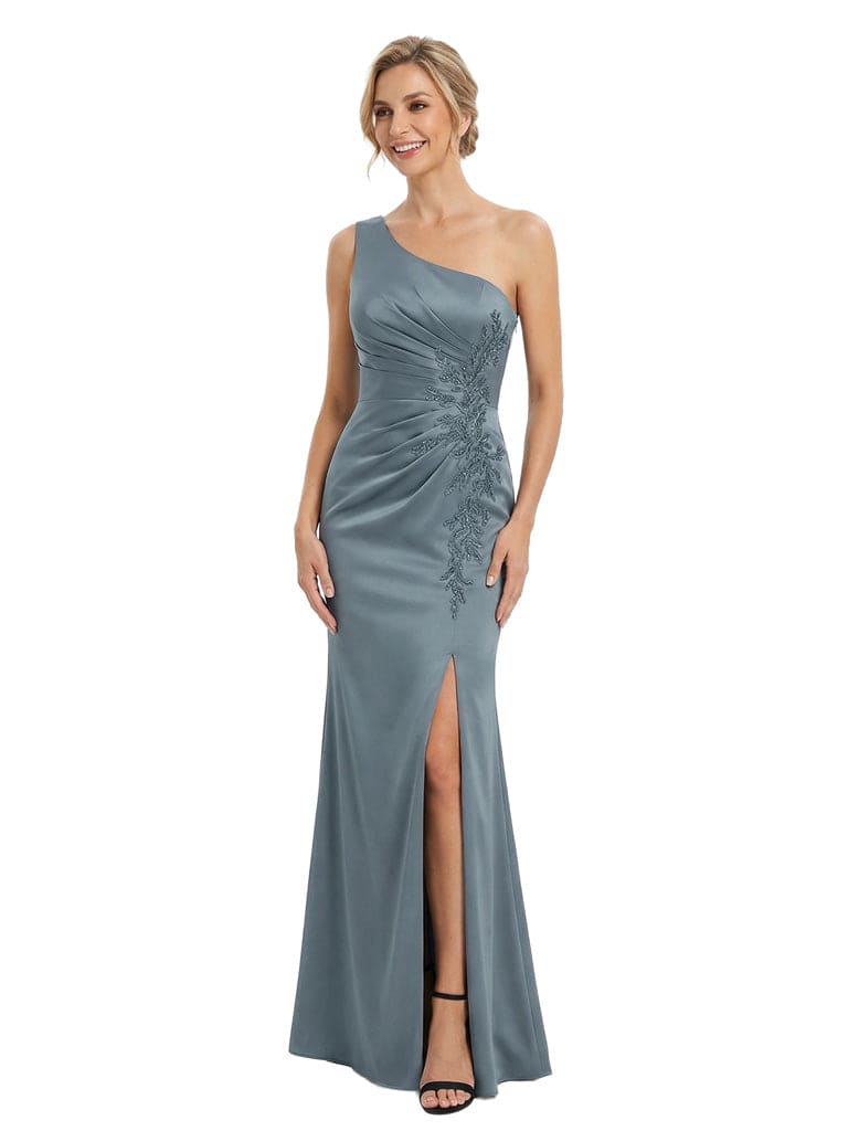 Elegant One Shoulder Lace Satin Maxi Gown Mother of The Bride Dresses