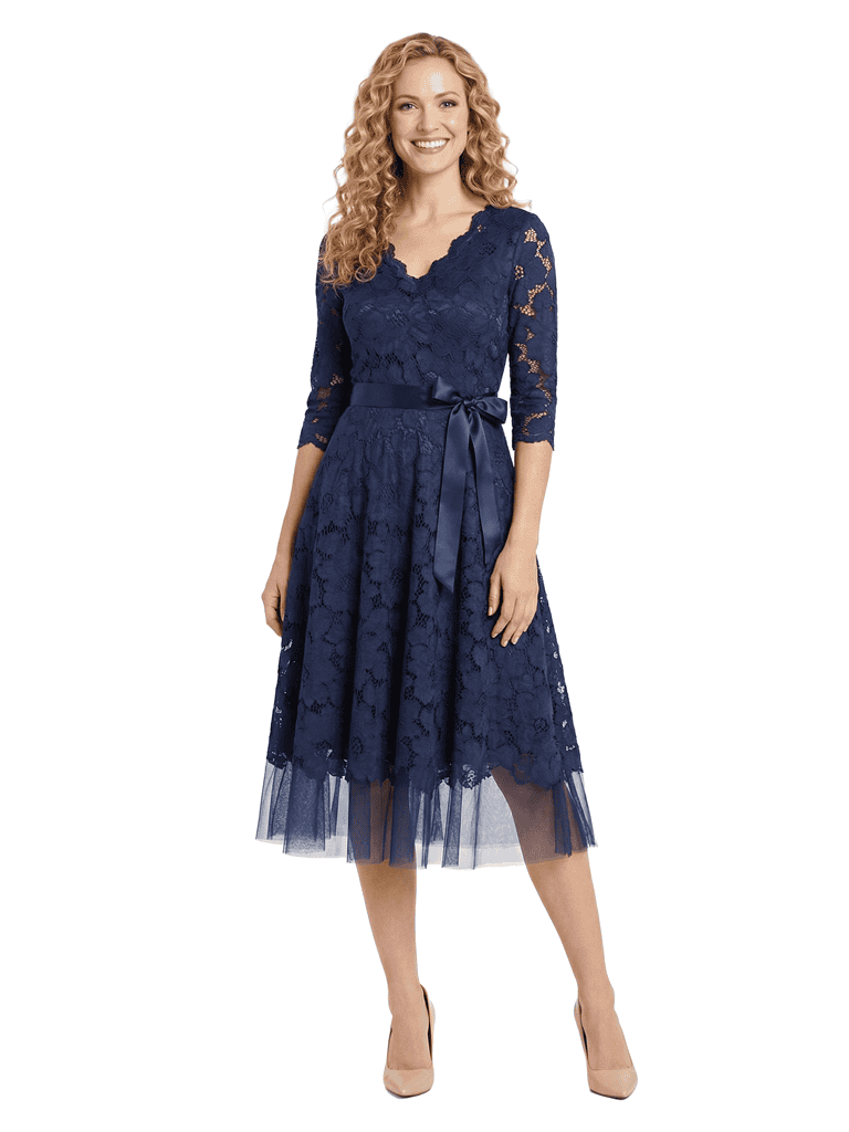 Chicsew Beautiful V-Neck 3/4 Sleeve Lace Mother of The Bride Dress Midi A-Line Bow Accent Flowy Gown