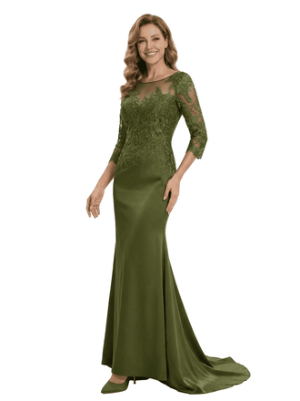 Chicsew Elegant Scoop Lace 3/4 Sleeves Satin Mermaid Mother Of The Bride Dresses