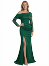 Chicsew Lace Appliques Long Sleeves Side Slit Satin Mermaid Mother Of The Bride Dresses