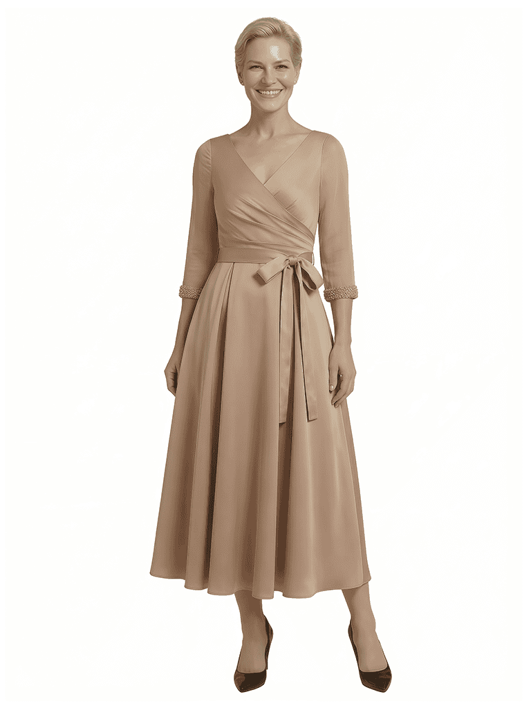Elegant A-Line Tea Length Mother Of The Groom Gown With Sleeves
