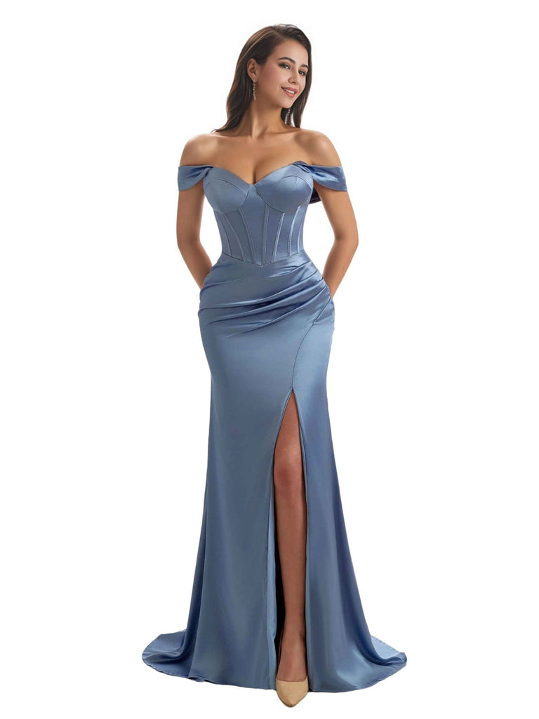 Elegant Off The Shoulder Side Split Mermaid Ruched Satin Long Bridesmaid Dresses Online