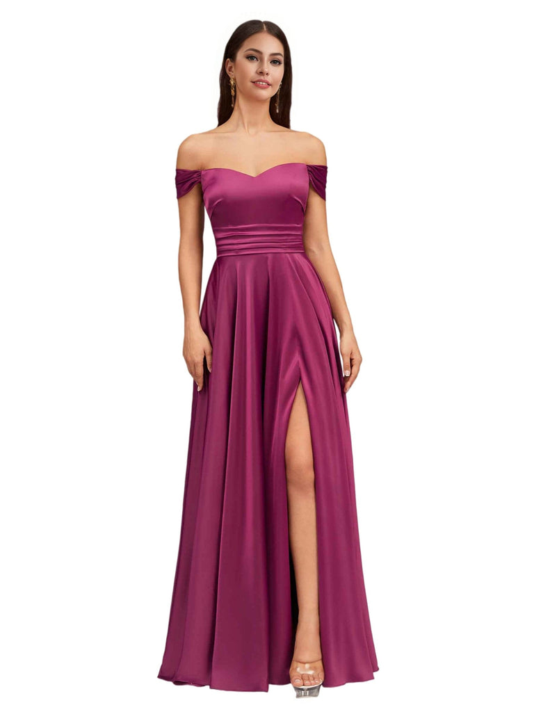 Elegant Off Shoulder A-Line Side Slit Soft Satin Long Bridesmaid Dresses