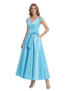 Charming V-Neck Cap Sleeve Tea-Length With Tulle Floral Detail Pretty Formal Mother of The Bride Satin Gown