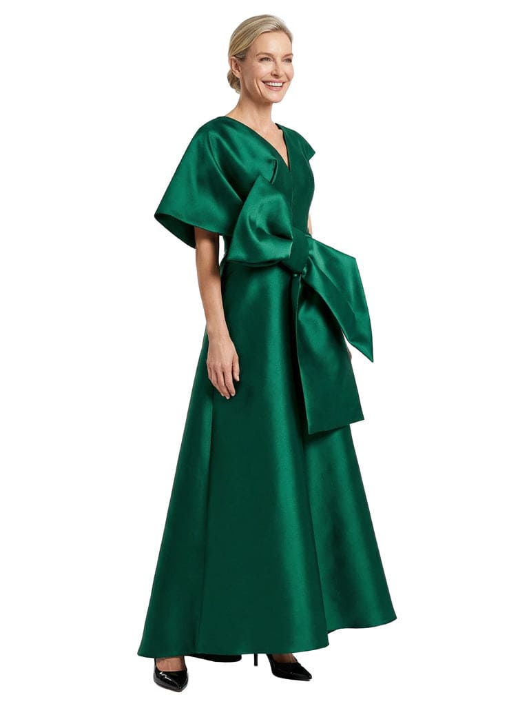 V-Neck A-Line Satin Mother Of The Bride Dress Cape Sleeves Maxi Gown