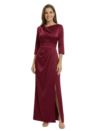 Modern Asymmetrical Neck 3/4 Sleeves Satin Mother Of The Bride Evening Gown