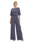 Gorgeous Mother of The Groom Unique Scoop Neck Half-Sleeve Chiffon Formal Wedding Pantsuit