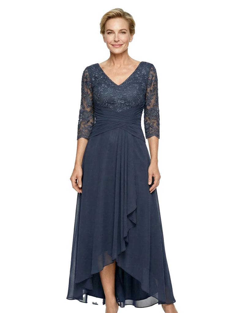 Beautiful Lace V-Neck High-Low Mother Of The Bride Dress With Sleeves