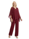 Elegant Chiffon Panusuit For Mother of the Bride With Cape Sleeves and Beaded V-Neckline