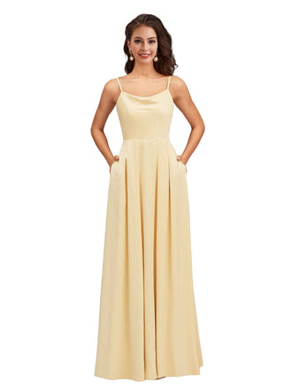 Elegant Spaghetti Straps Sleeveless Soft Satin A-Line Bridesmaid Dresses With Pocket