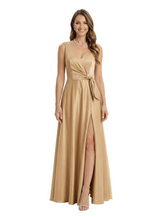 Elegant Ruched Satin Mother Of The Bride Dress V-Neck Maxi Gown Side Slit