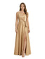 Elegant Ruched Satin Mother Of The Bride Dress V-Neck Maxi Gown Side Slit