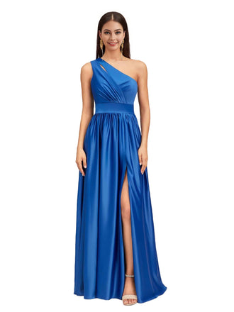 Elegant One Shoulder A-Line Side Slit Soft Satin Pretty Long Bridesmaid Dresses
