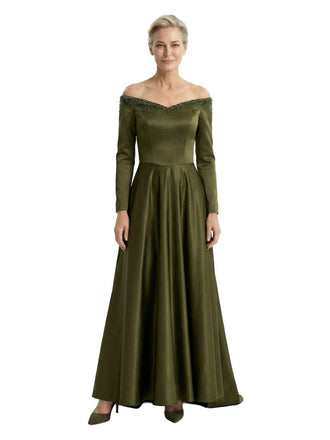 Sexy Off Shoulder Beading Long Sleeves A-Line Satin Mother of the Groom Evening Dress