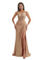 Elegant Mermaid Pleats Side Slit  Soft Satin Long Bridesmaid Dress For Wedding Spaghetti Strap