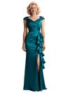 Classy Satin Lace Cap Sleeves Side Slit Evening Gown For Mother Of The Bride With Ruffle