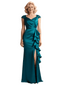 Classy Satin Lace Cap Sleeves Side Slit Evening Gown For Mother Of The Bride With Ruffle