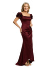 Unique Square Neck Ruffle Sleeves Satin Mother Of The Bride Evening Gown