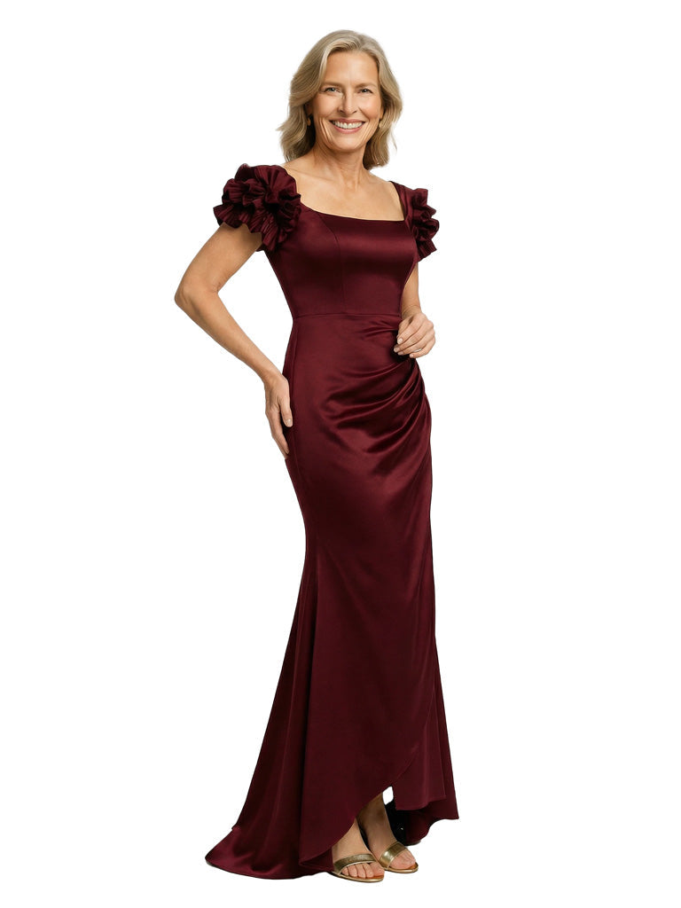 Unique Square Neck Ruffle Sleeves Satin Mother Of The Bride Evening Gown