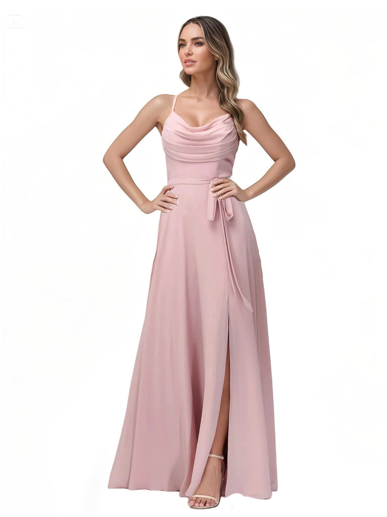 Elegant Cowl Side Slit Spaghetti Straps A-line Chiffon Long Bridesmaid Dresses
