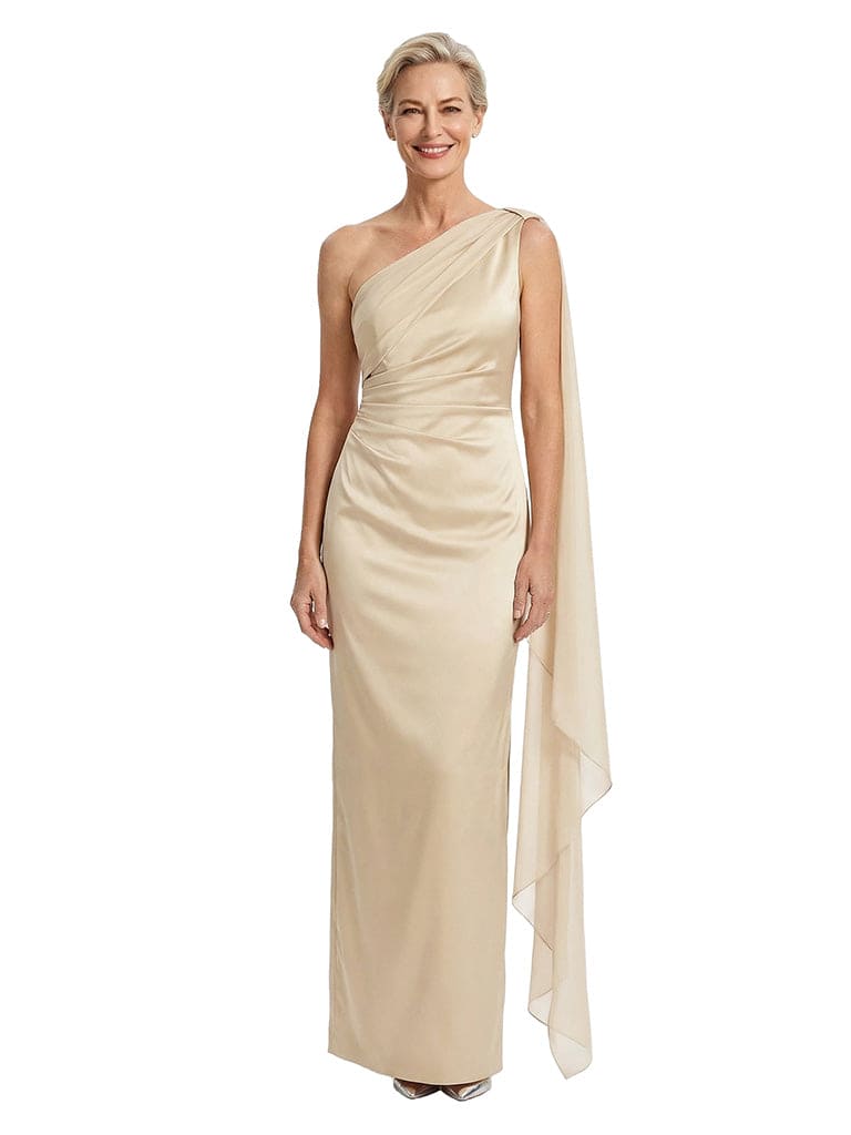 Elegant One Shoulder Ruched Satin Maxi Mother of The Groom Dress