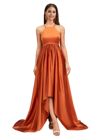 Sexy Halter High Low A-Line Soft Satin Pretty Long Bridesmaid Dresses