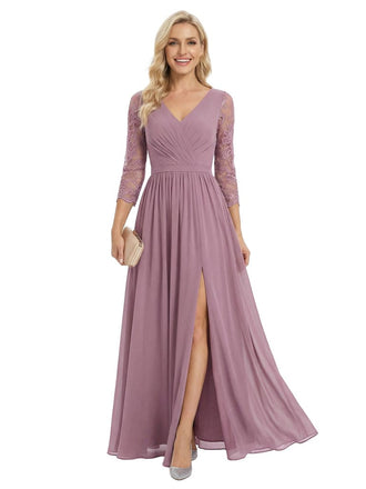 Elegant V-Neck 3/4 Sleeves A-Line Side Slit Chiffon Mother Of The Bride Dress