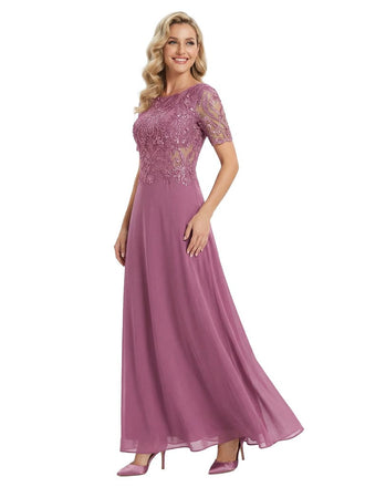 Classy Short Sleeves Jewel Lace Applique Chiffon A-Line Mother of The Bride Dresses