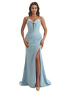 Elegant Mermaid Boning Side Slit Crepe Long Bridesmaid Dress For Wedding Spaghetti Straps