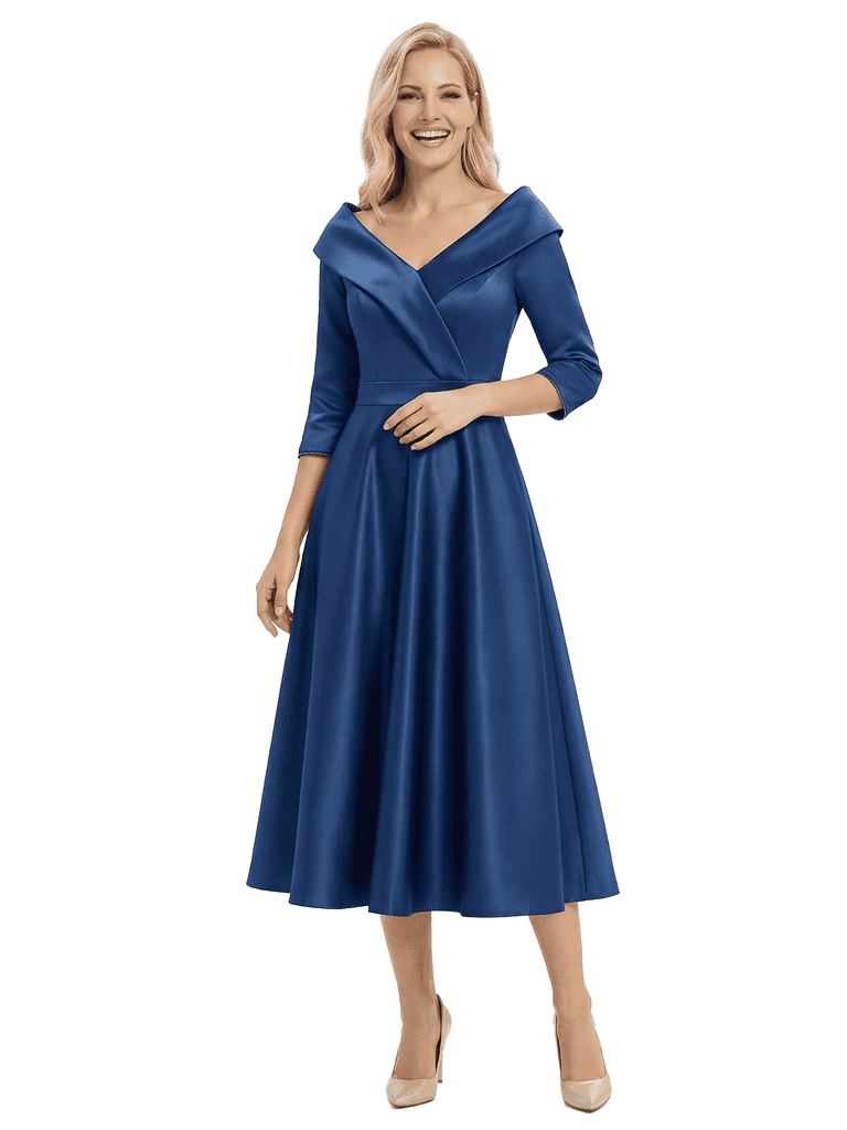 Chicsew Modern Off Shoulder 3/4 Sleeve Satin Mother of The Groom Dress Midi A-Line Formal Gown
