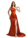 Elegant One Shoulder Silky Satin Side Split Mermaid Long Bridesmaid Dresses Online