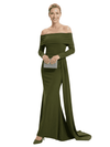 Chicsew Mother of The Groom Dress Off Shoulder Long Sleeve Trumpet Maxi Gown with Train Classy Silhouette