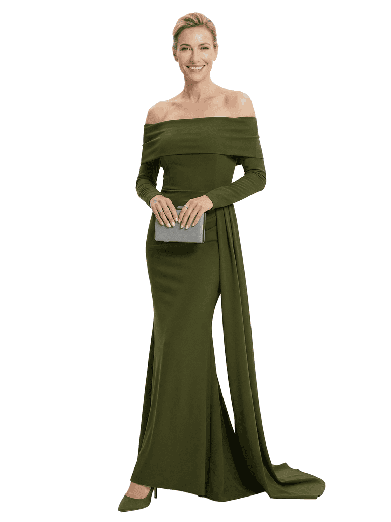 Chicsew Mother of The Groom Dress Off Shoulder Long Sleeve Trumpet Maxi Gown with Train Classy Silhouette
