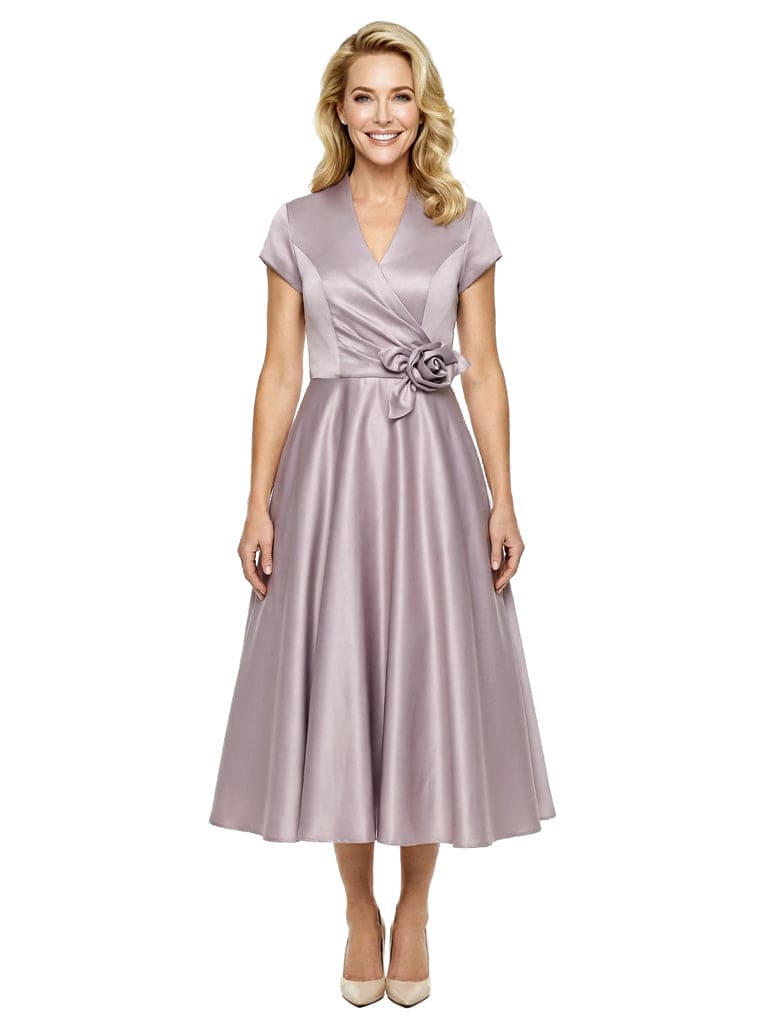 Simple V-Neck Short Sleeves Satin Tea-Length A-Line Mother Of The Bride Dresses