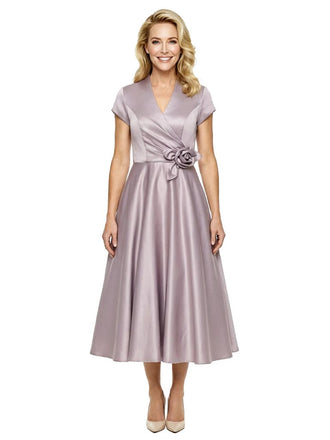 Simple V-Neck Short Sleeves Satin Tea-Length A-Line Mother Of The Bride Dresses