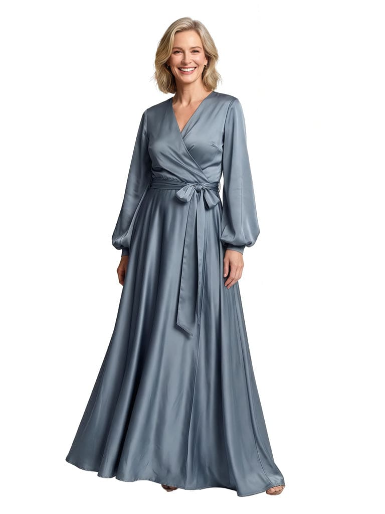 Mother Of The Groom V-Neck Long Sleeves Satin A-Line Floor Length Formal Bride Mother Wear