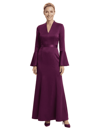 Chicsew Sophisticated V-Neck Bell Sleeve Satin Mother of The Bride Dress Long A-Line Classy Formal Gown