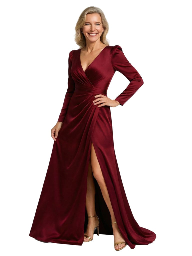Sexy V-Neck Long Sleeve Mother of the Groom Dress Satin A-Line Gown with High Slit