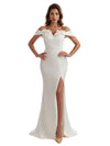 Elegant Off The Shoulder Mermaid Satin Long Bridesmaid Dresses Slit Hand Made Flower