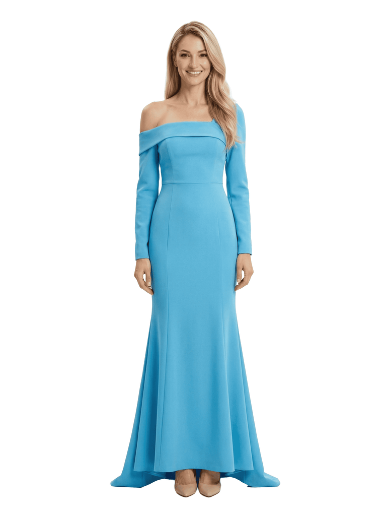 Chicsew Mother of The Bride Dress One Shoulder Long Sleeve Crepe Trumpet Maxi Gown Modern Silhouette