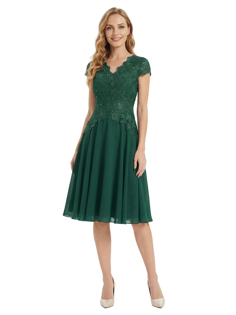 Beautiful V-Neck Short Sleeves Mother Of The Bride Dress Lace Applique Chiffon A-Line Midi Gown