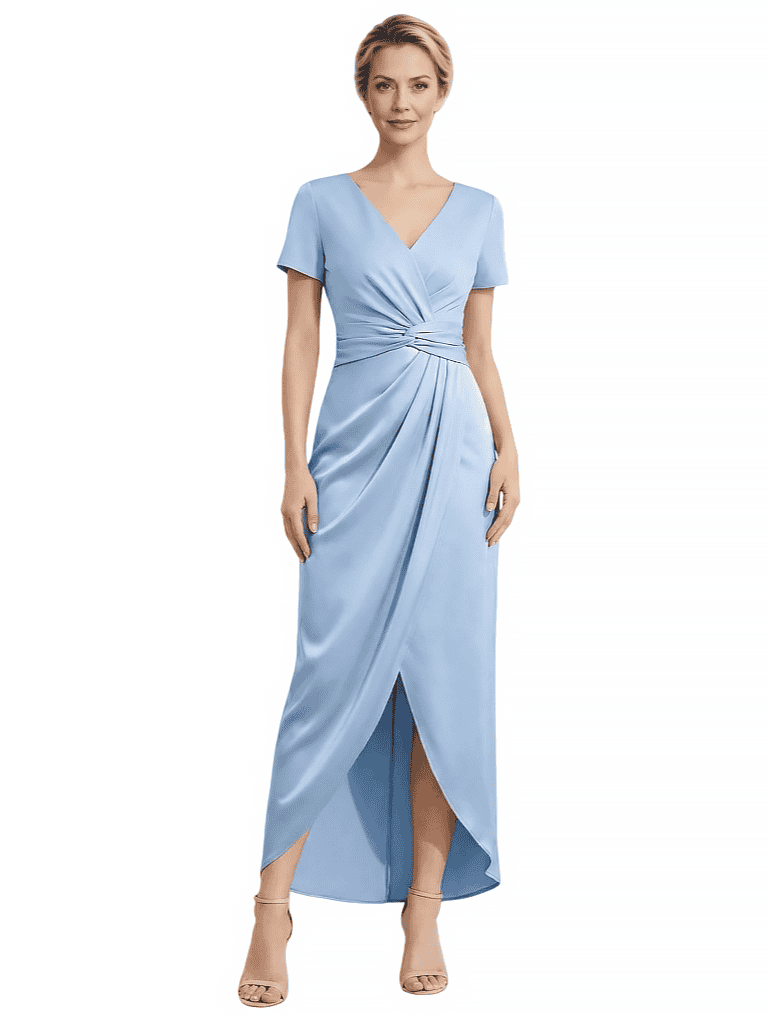Elegant V-Neck Short Sleeves Ruched Satin Side Slit Mermaid Mother Of The Bride Dresses