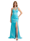 Elegant One Shoulder Silky Satin Unique Side Split Mermaid Long Bridesmaid Dresses