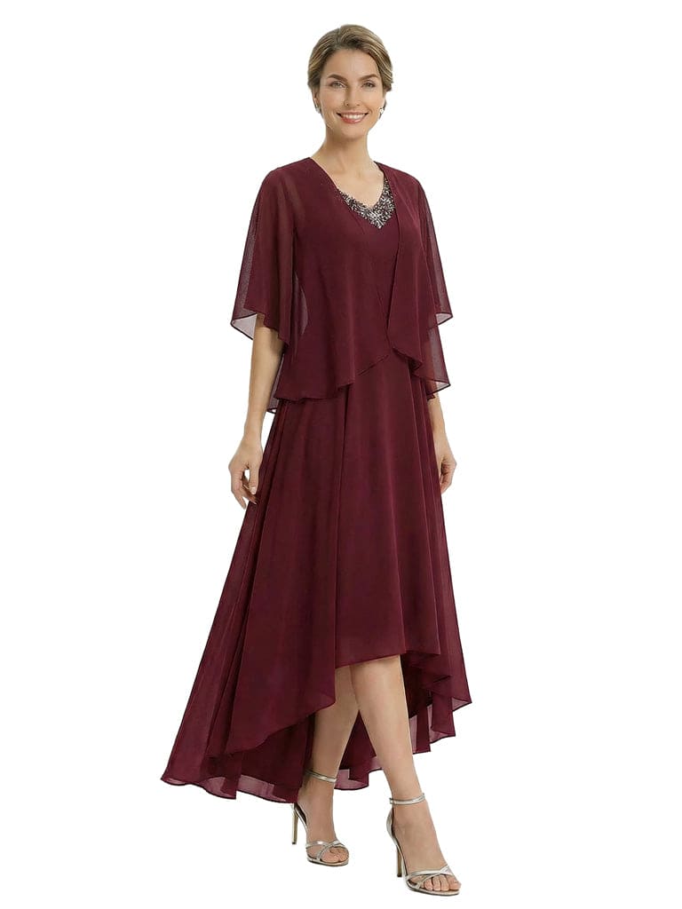 Elegant High-Low Flutter Sleeves V-Neck Beaded Mother of The Bride Gown and Jacket