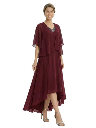 Elegant High-Low Flutter Sleeves V-Neck Beaded Mother of The Bride Gown and Jacket